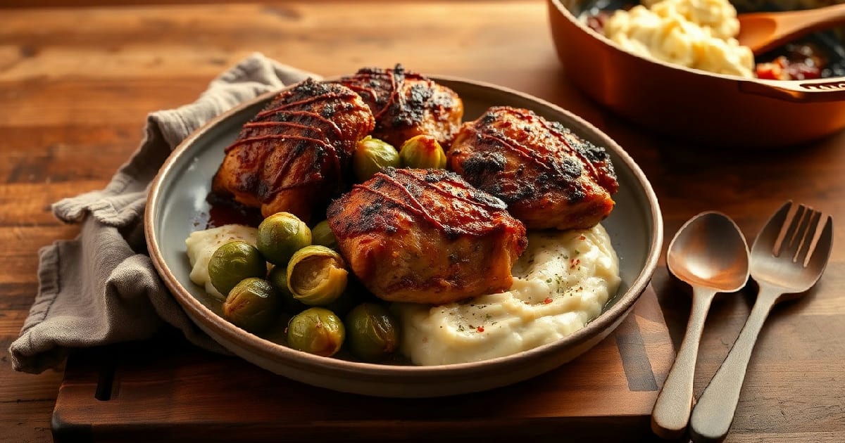 American Sheet‑Pan BBQ Chicken Thighs with Crispy Brussels Sprouts and Creamy Mashed Cauliflower