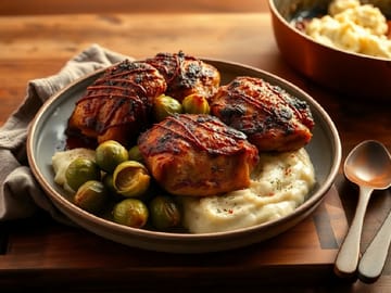 American Sheet‑Pan BBQ Chicken Thighs with Crispy Brussels Sprouts and Creamy Mashed Cauliflower
